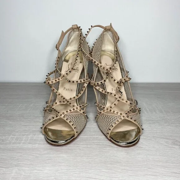 Louboutin Alarc Nude Leather Spiked Heels - Picture 4 of 9